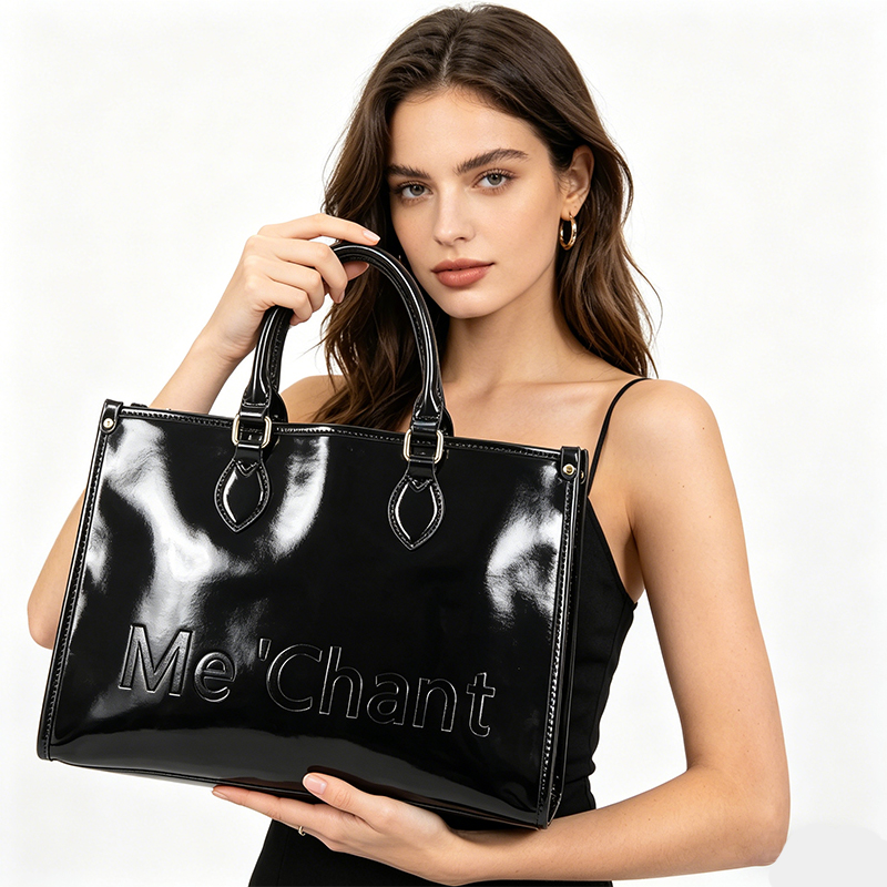 Structured Handbag Work - Damen Schwarze Glänzende Lackleder-Handtasche Strukturierte Henkeltasche