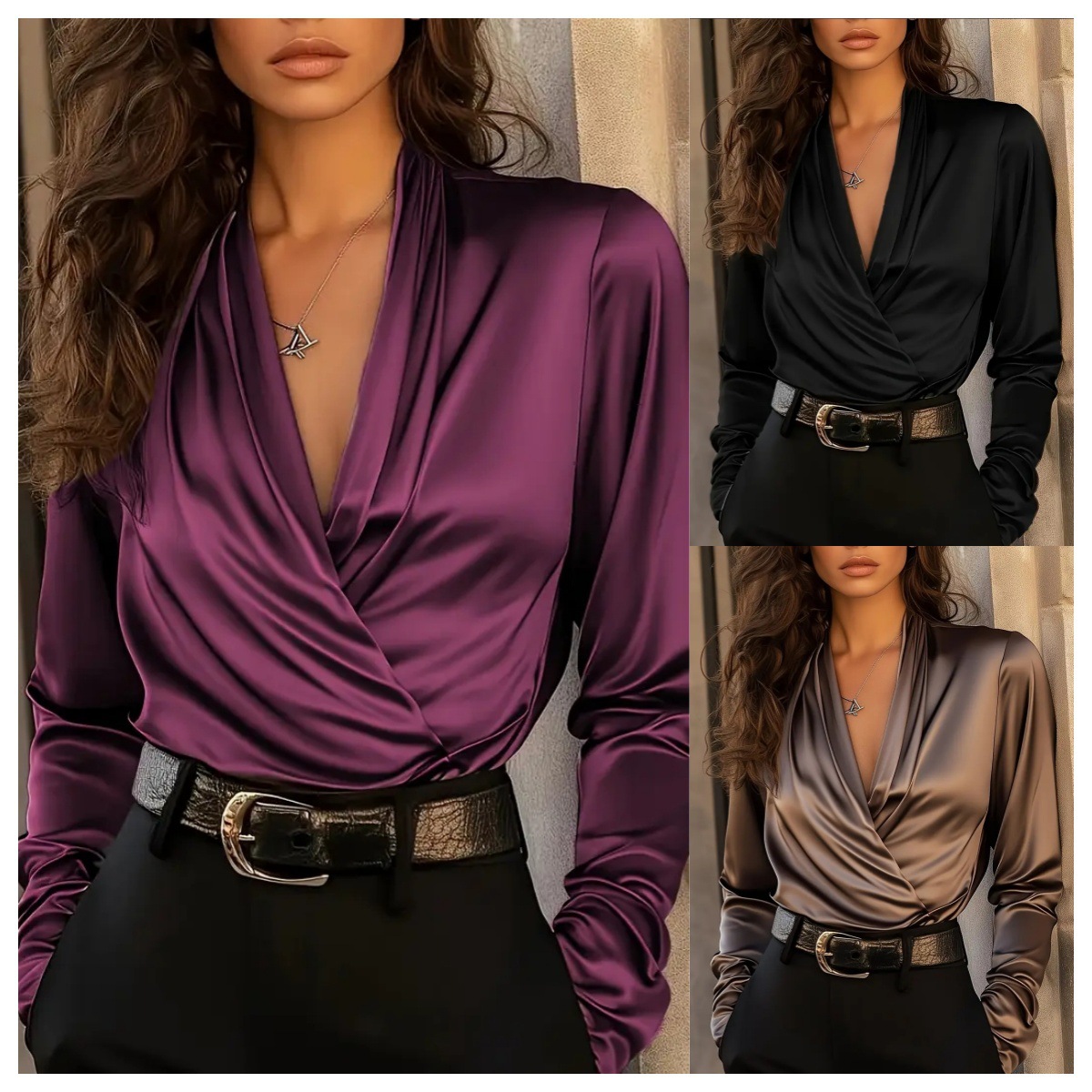 Women'S Formal Evening Wear Tops - Damen Satin Wickelbluse mit V-Ausschnitt und