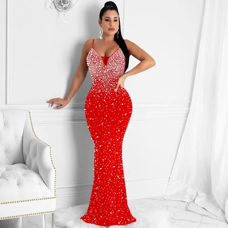 Formal Wear Gowns For Women - Elegantes Meerjungfrau-Maxikleid mit Kristall-Strasssteinen und Perlen