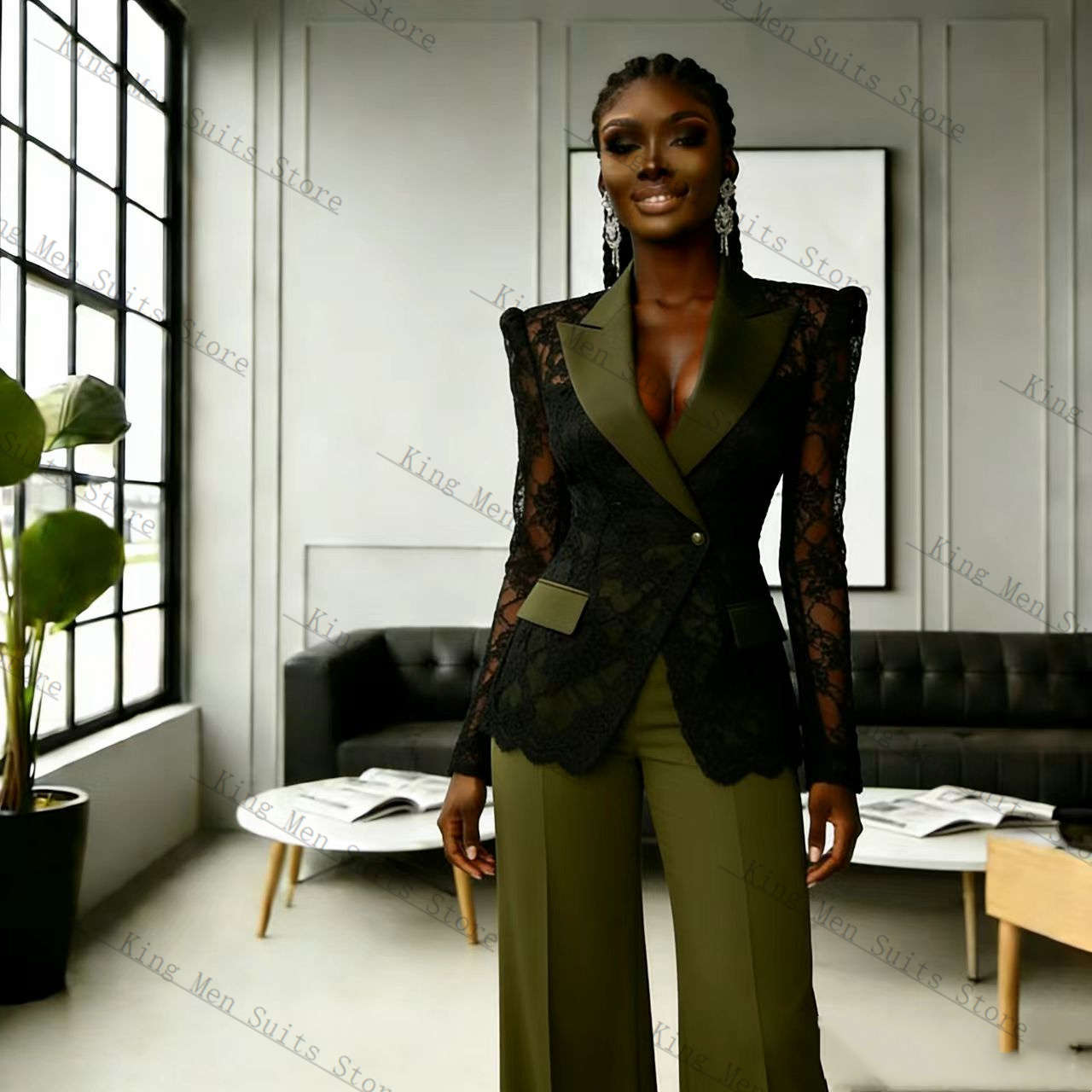 Women'S Formal Wear For Wedding Guest - Grün-Schwarzes Spitzen-Damenanzug-Set 2-teilig Blazer+Hose Herbst Frühling