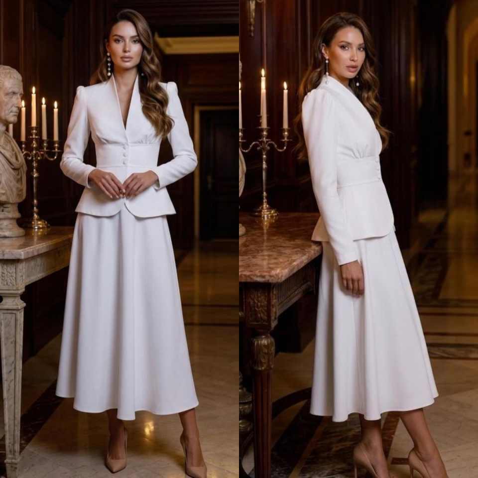 Women Formal Wear Blazer Set - Elegantes Zweiteiler-Damenanzug-Set mit Spitzrevers-Blazer und Midi-Schlagrock