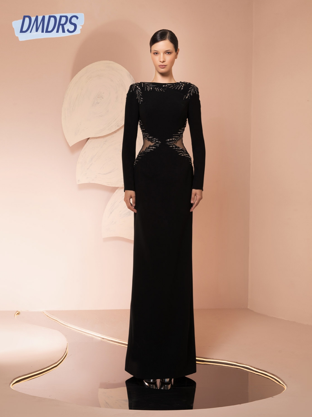 Women Formal Wear Dubai - Schwarzes Abendkleid mit Ausschnitten, edel, U-Boot-Ausschnitt,