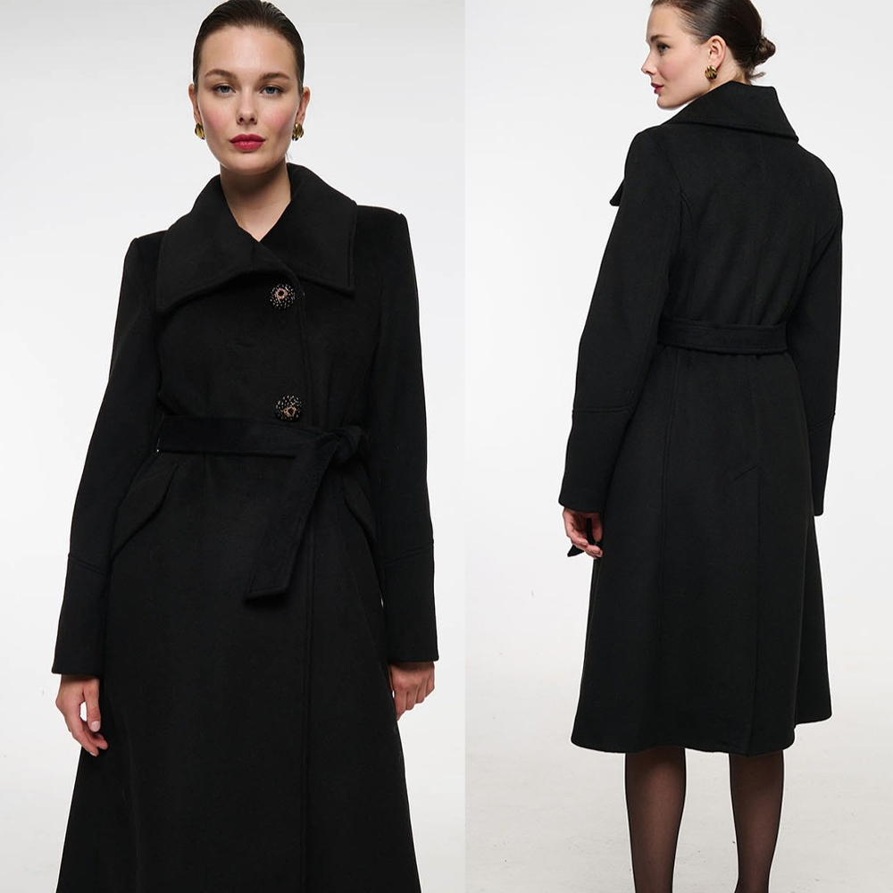 Women Formal Wear For Plus Size - Vintage Schwarz Stehkragen Frauen Wollmantel Plus