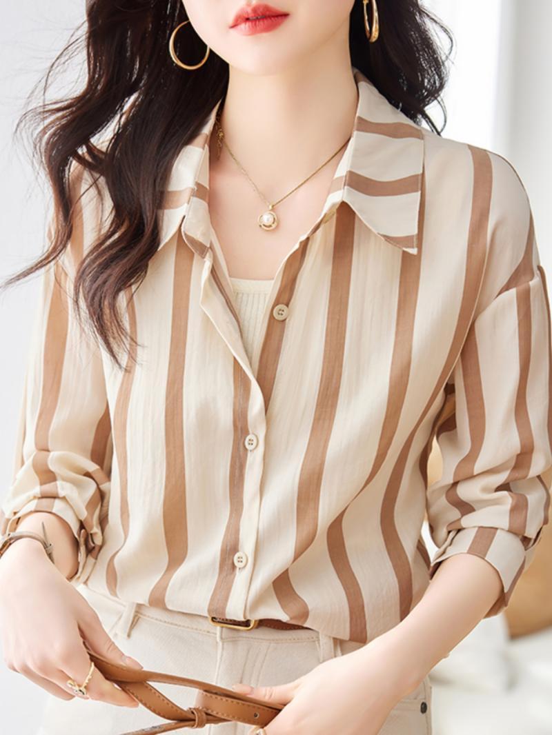 Women'S Formal Evening Wear Tops - Aprikosen gestreiftes Langarmhemd für Damen High-End-Frühling