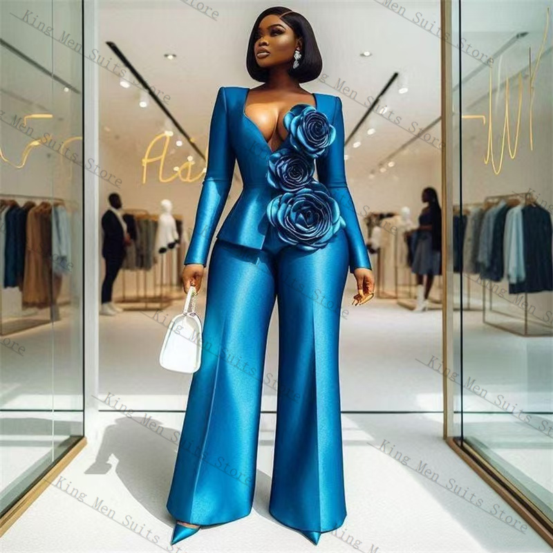 Women'S Formal Wear For Wedding Guest - Blaues Satin-Damenanzug-Set, 2-teilig, Blazer + lockere