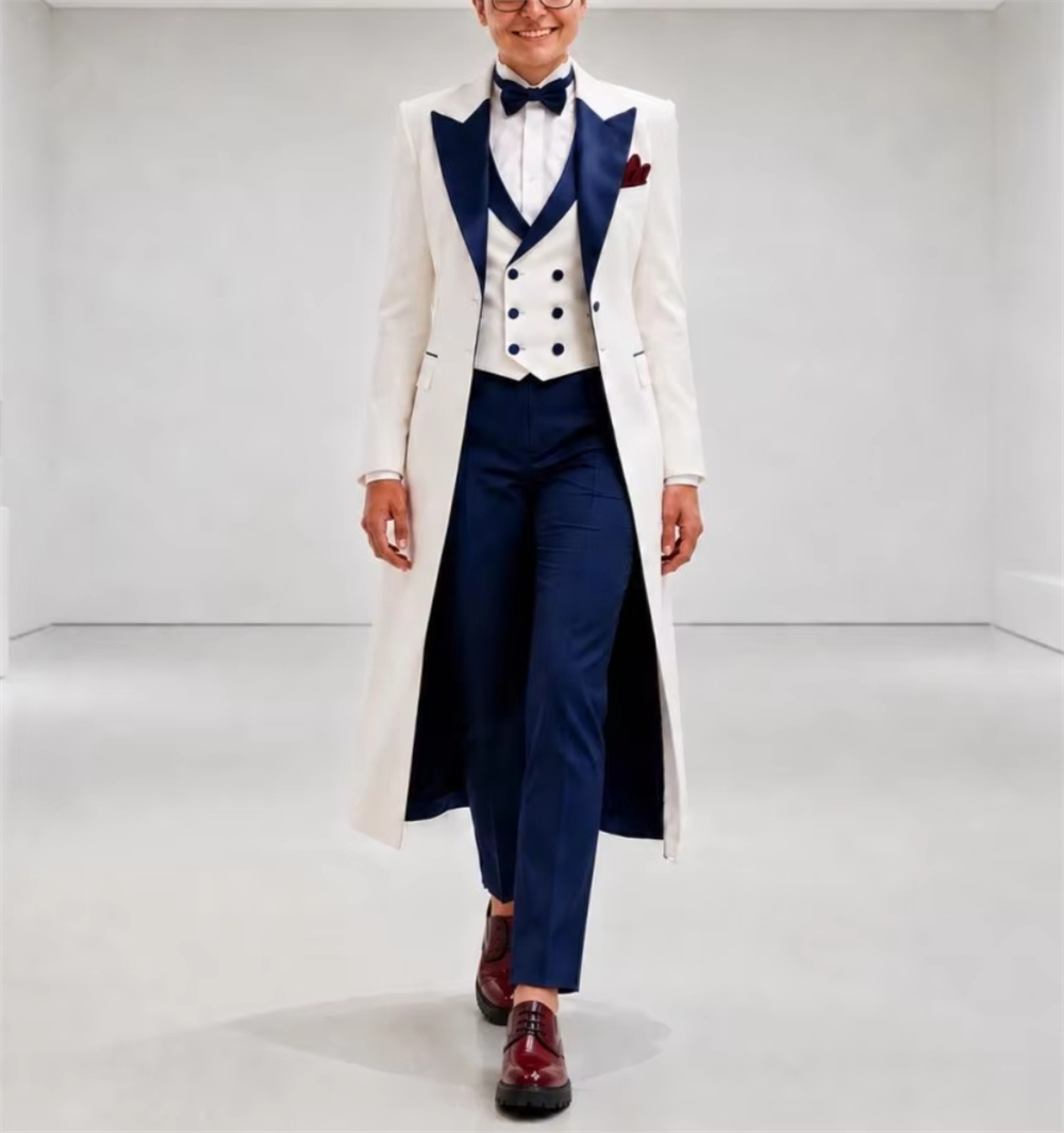 Women'S Formal Wear For Wedding Guest - Marineblau-weiße Damenjacke, elegante maßgeschneiderte Bürokleidung, Hochzeitsgast-Outfit,