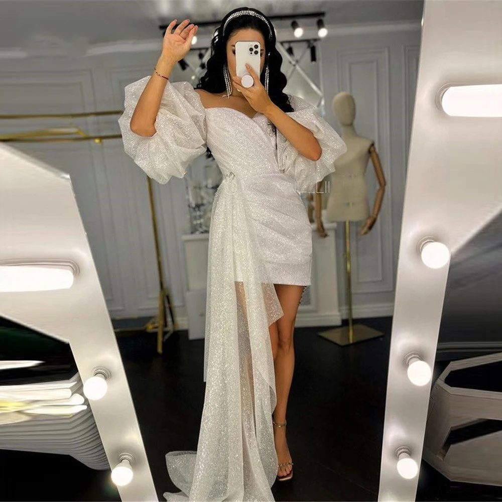 Women Formal Wear Dubai - Schimmerndes kurzes Hochzeitskleid mit Puffärmeln, herzförmiger