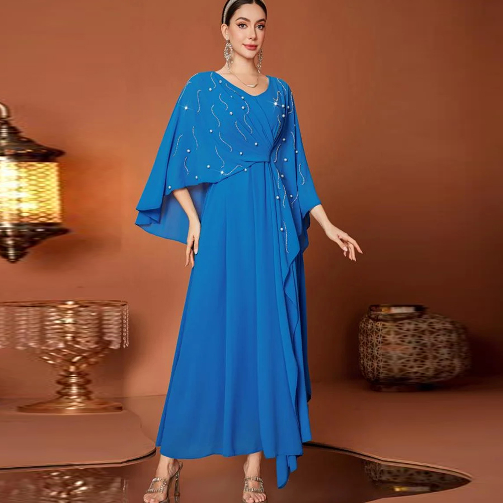 Women'S Formal Wear For Wedding Guest - Luxuriöse Abendkleider mit V-Ausschnitt, Cape-Ärmeln, Perlen